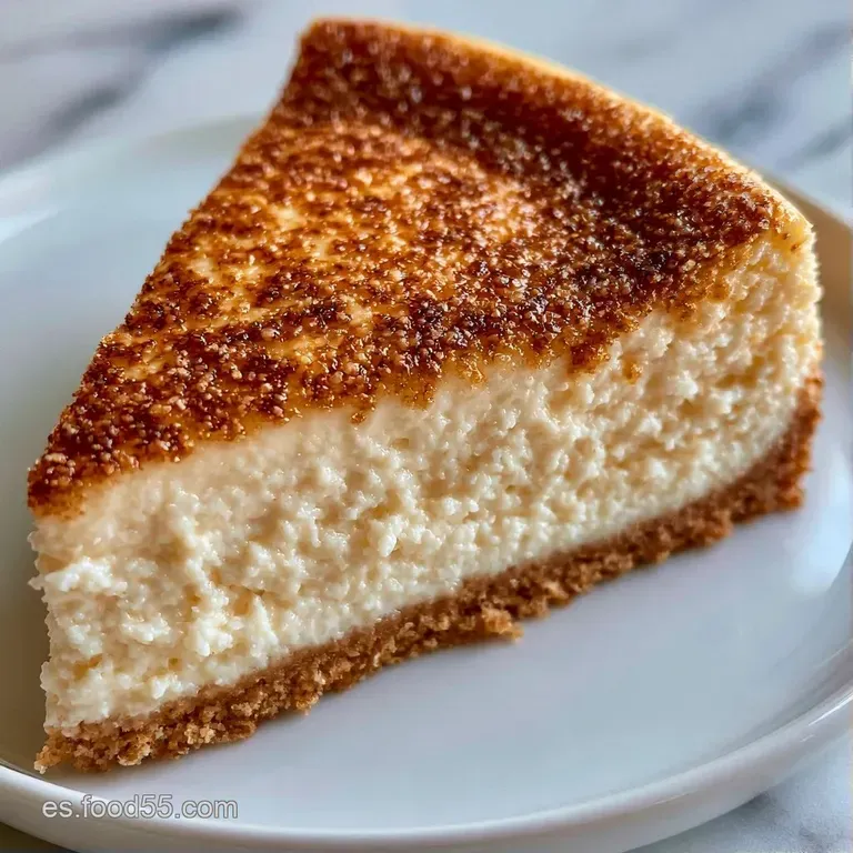 Porción triangular de textura suave y densa, coronada por un fruto rojo brillante sobre un plato de cerámica gris.