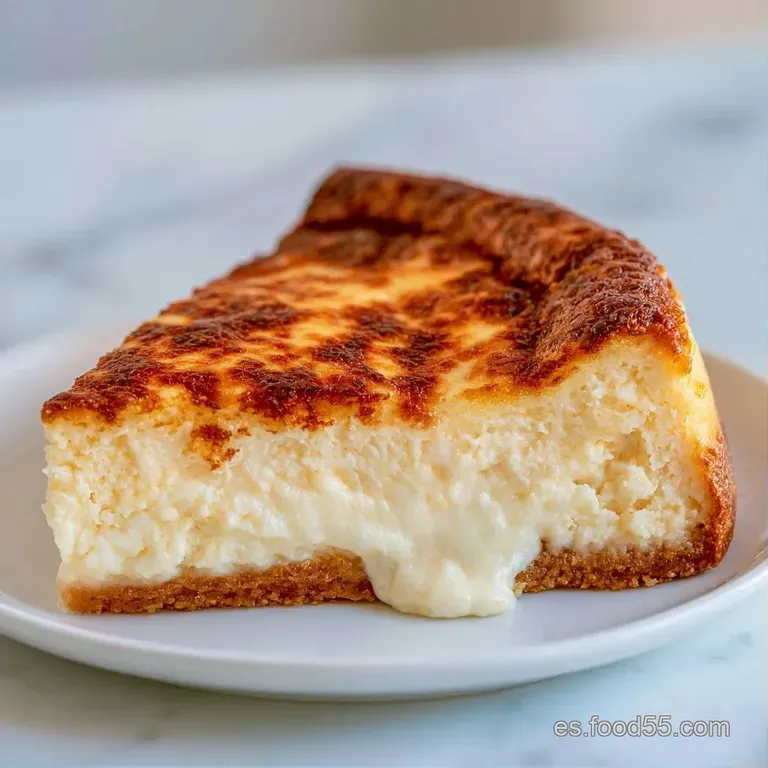 Tarta de queso fundida en plato elegante, contrastando el dorado exterior con un corazón cremoso y blanco que fluye.