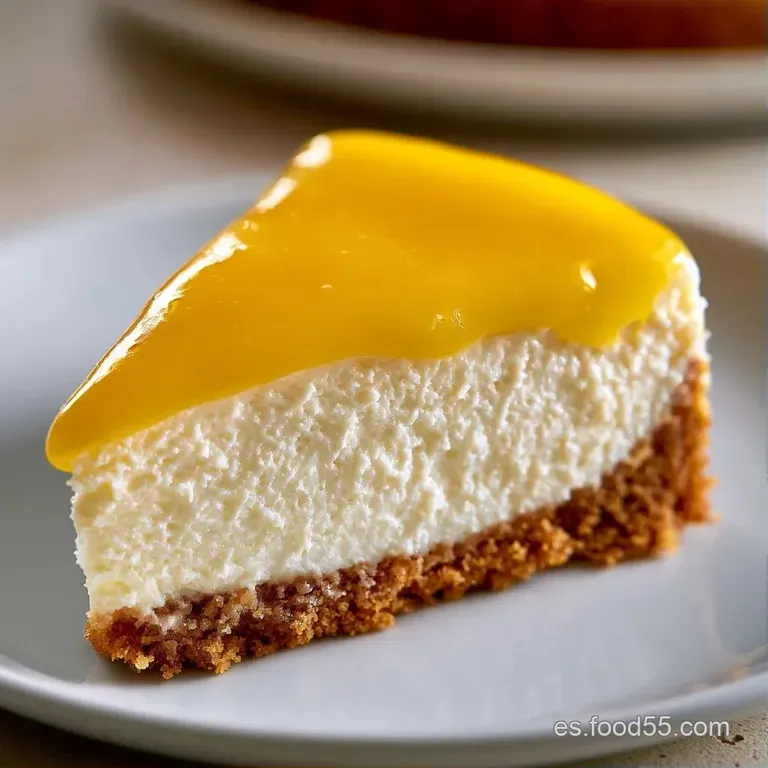 Porción triangular de crema blanca sedosa en plato blanco, adornada con un coulis rojo brillante y una frambuesa fresca.