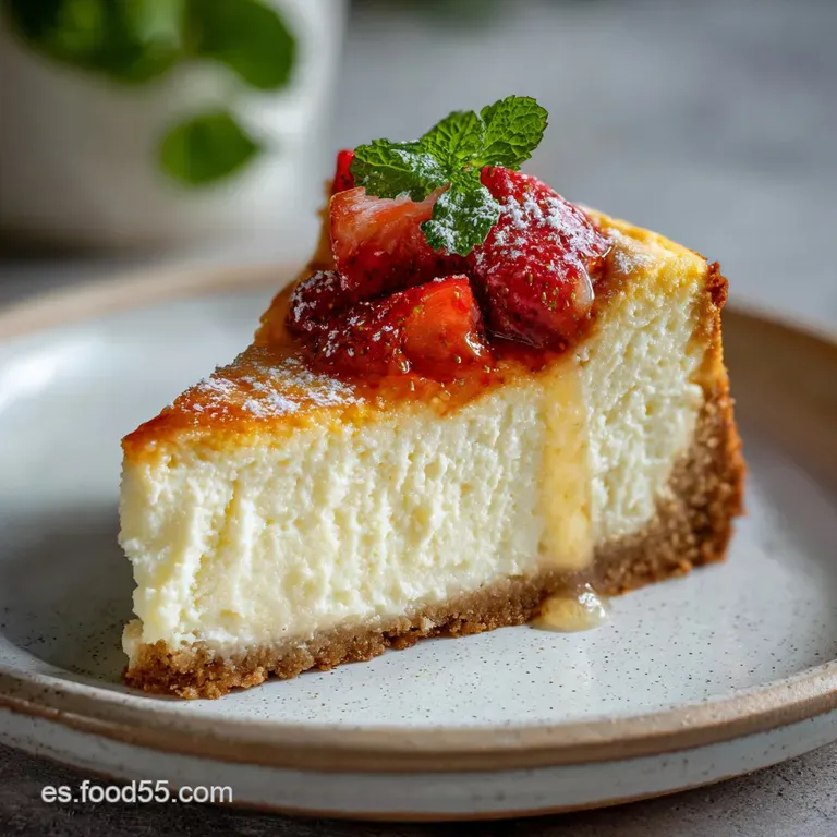 Slice of La Vi&ntilde;a cheesecake on a white plate, showing the contrasting dark crust and soft, custardy filling, dusted with s...