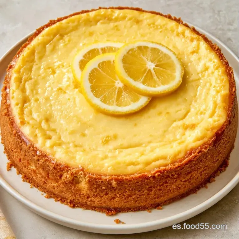 Porción triangular de crema densa y blanca sobre base crujiente dorada, acompañada de una rodaja de limón amarillo.