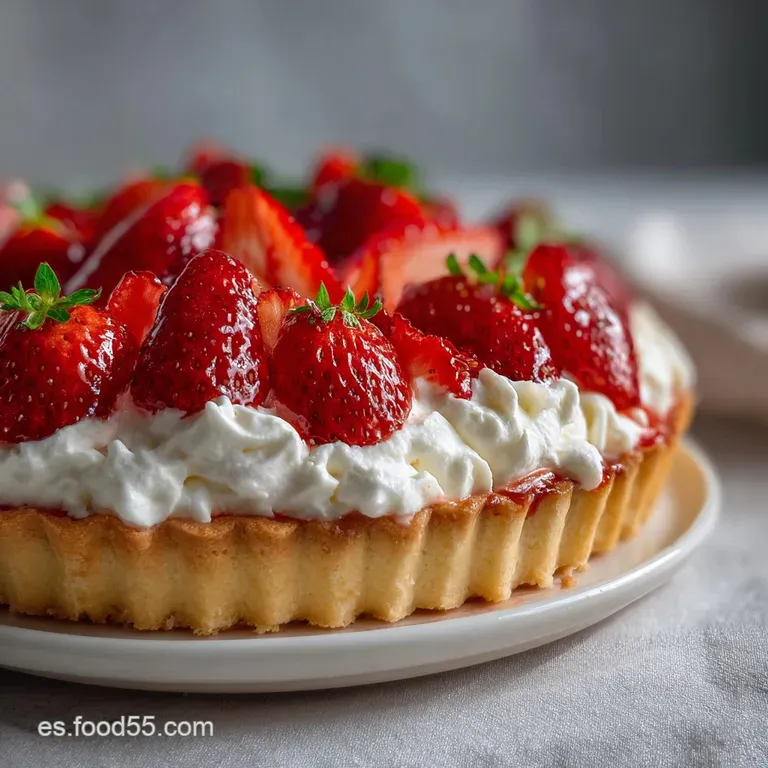 Slice of creamy custard tart with fresh strawberries on a white plate. Delicate pastry, vibrant berries, & dusting of swee...