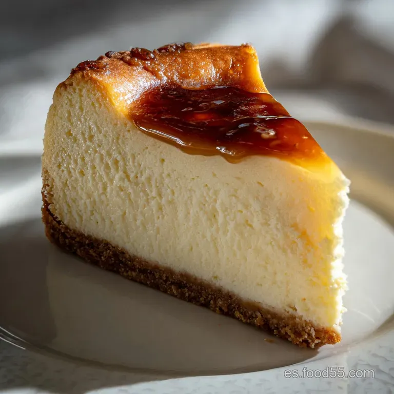 Slice of New York cheesecake on a white plate. Dense, smooth texture with a graham cracker crust. Berries provide a pop of...
