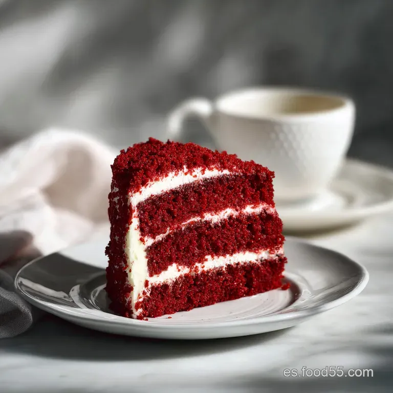 Slice of vibrant red cake with a generous dollop of white frosting, dusted cocoa. Elegant, delectable, and ready to eat.