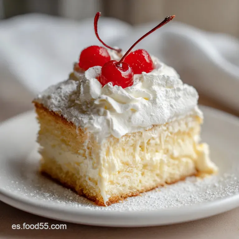 Slice of tres leches cake on a white plate, drizzled with caramel sauce. Delicate crumbs and a moist, glistening surface b...
