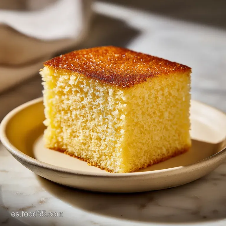 A slice of moist vanilla cake on a white plate, adorned with fresh berries and a light dusting of powdered sugar. Elegant ...