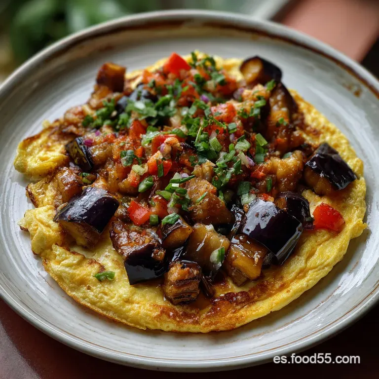 Elegant plate showcasing a perfectly cut slice of tortilla. The rich purple eggplant contrasts beautifully with a drizzle ...