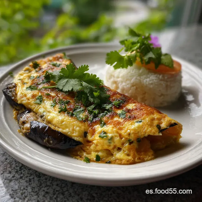 Elegant plate featuring a thick slice of tortilla. The rich, golden-brown exterior contrasts beautifully with the soft, pu...