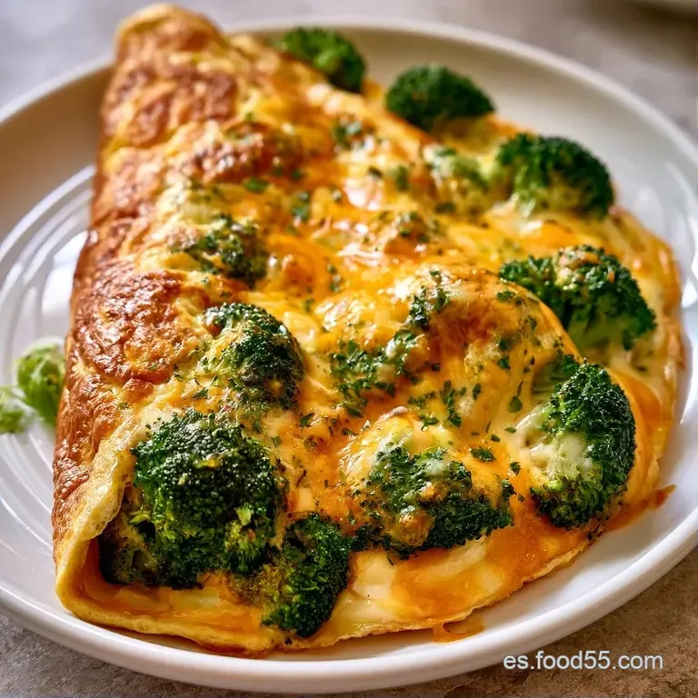 Porción triangular de tortilla dorada sobre plato blanco, resaltando el contraste del verde intenso del brócoli.