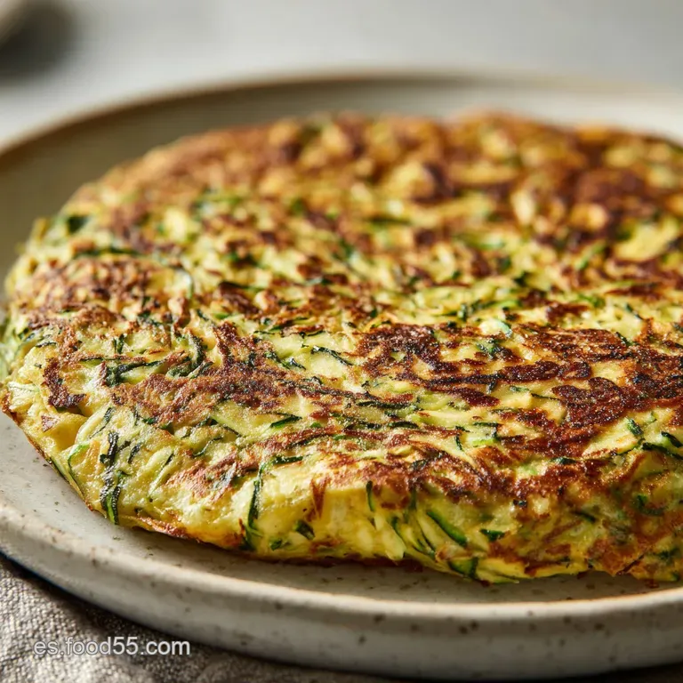 A slice of zucchini tortilla with a crispy crust sits on a white plate. Herbs garnish the visually appealing simple meal.
