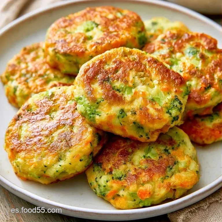 Pilas de tortitas vegetales doradas adornadas con hierbas frescas y una salsa blanca cremosa en plato de cerámica.