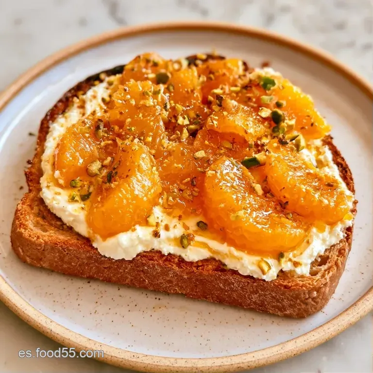 Tostadas doradas sobre plato cerámico con ricotta blanca, gajos de naranja jugosa y hojas de menta verde fresca.