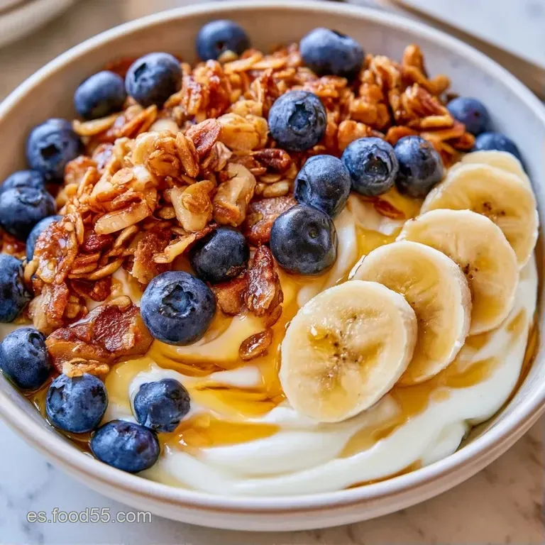 Capas de yogur espeso y blanco alternadas con cereales tostados y frutas rojas frescas en un vaso de vidrio.