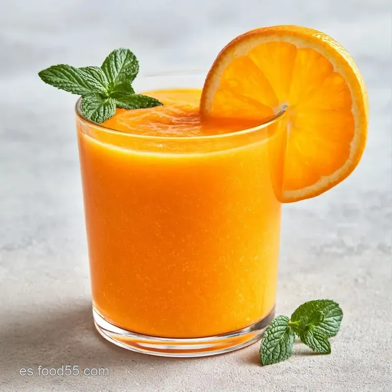 Jarra de cristal con zumo naranja intenso y hielos, rodeada de gajos cítricos y luz natural suave en fondo blanco.